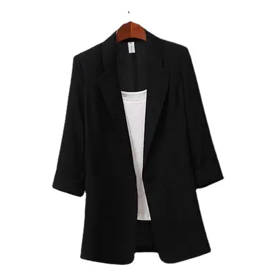2023 Black Cotton Linen Midi Blazer Plus Size