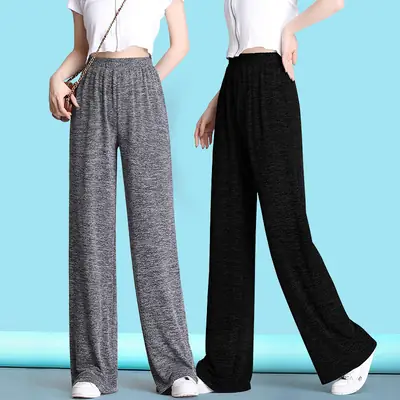 Women Black Knitted Wide Leg Pants Summer High Waist Drape Large