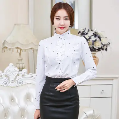 Women White Chiffon Ruffled Collar Shirt Long Sleeve Slim Fit