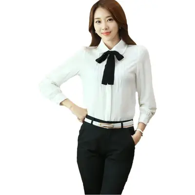 Women's Chiffon White Long Sleeve Bow Collar Shirt