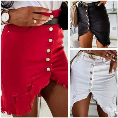 Red Stretch Denim Skirt No Belt Single Breasted