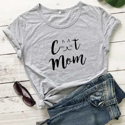 Cat Mom Printed T-Shirt Grey Short Sleeve