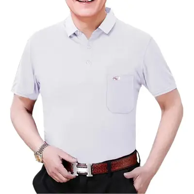Men Cotton Polo Shirt White Grey Loose Fit Grandpa Top