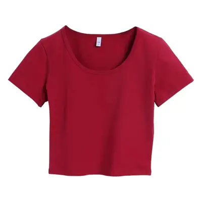 Women Black U-Neck Crop Top Short Sleeve Slim Fit