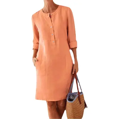 Plus Size Women Cotton Linen Round Neck Dress Black