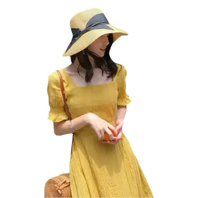 2025 Summer Yellow Square Neck Dress with Sweet Waist