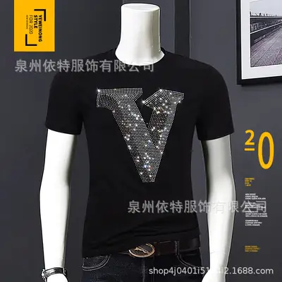 Men's Hot Diamond V-Print T-Shirt Black 2020 Summer