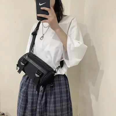 Men's Black Cylinder Crossbody Bag Street Trendy Hip Hop