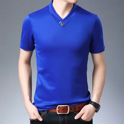 Men Blue V-Neck T-Shirt 2020 Summer