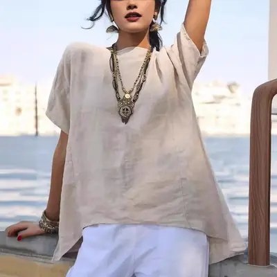 Women Blue Linen Short Sleeve Top with Asymmetrical Hem