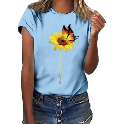 Sunflower Printed Short Sleeve T-Shirt Blue European American