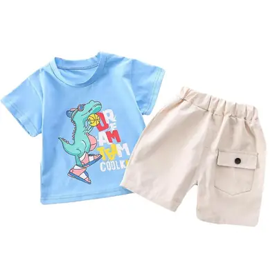 Kids Korean Style T-Shirt Suit Blue Dinosaur Print