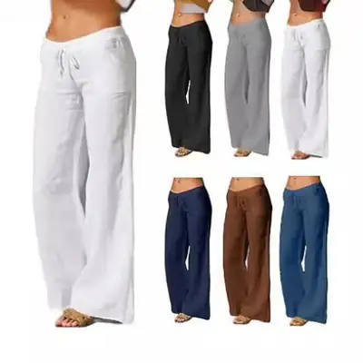 Women's Flared Cotton Linen Trousers White Black Brown Blue
