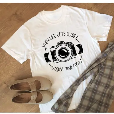 Women White Camera Print T-Shirt Set