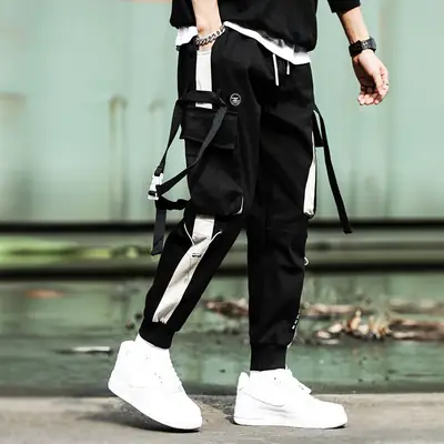 Men's 2022 Stitching Pants Black White Stripes Hip-hop Casual
