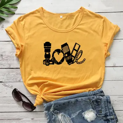 Yellow Graphic T-Shirt with Heart, Mic, Brush Design