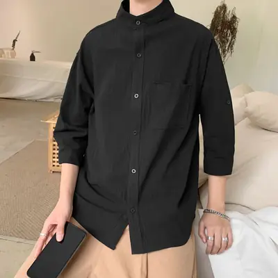 Men Korean Style Loose Black Short Sleeve Shirt