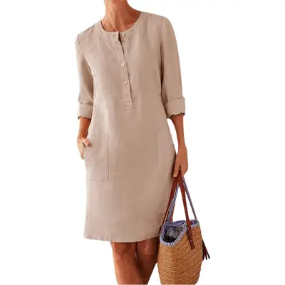 Plus Size Women Cotton Linen Round Neck Dress 2025
