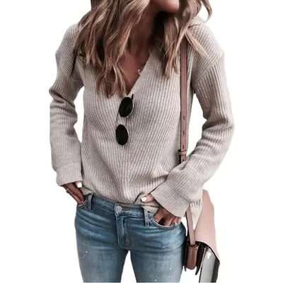 Women's V-Neck Knitted Sweater Top with Long Sleeves