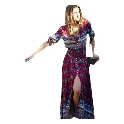 Printed Women's 8-Flower Long Dress Red