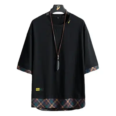 Men Green Cotton Oversized T-Shirt with Plaid Hem