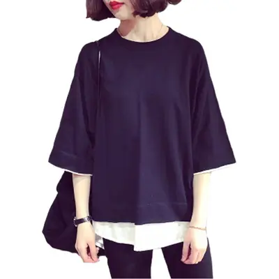 Women's Black Loose Fit T-Shirt with White Underlayer & Knee-Length Pants
