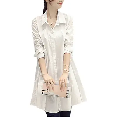 Large Size Women's White Lapel Shirt Dress Swing Mid-Length