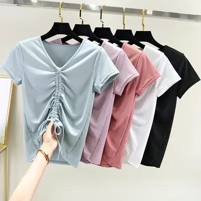 White Drawstring T-Shirt Women 2020 Summer Casual