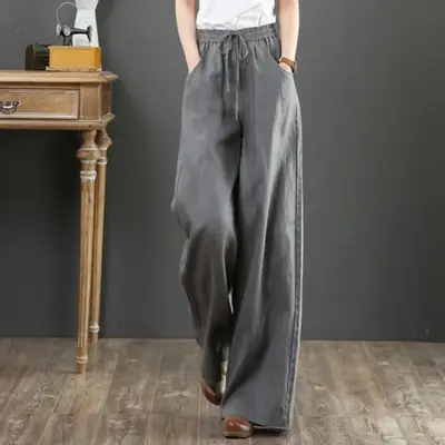 Women's Black Linen Wide Leg Pants High Waist Loose Fit