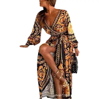 2020 Foreign Trade Dress Sexy Deep V Split Dress Bohemia