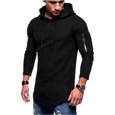 Men White Hooded Long Sleeve T-Shirt with Zipper Arm Stitching