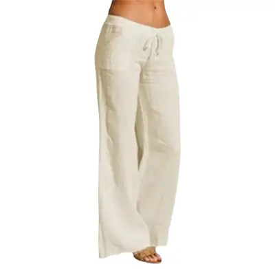 Women Wide Leg Pants Blue Cotton Linen High Waist Casual
