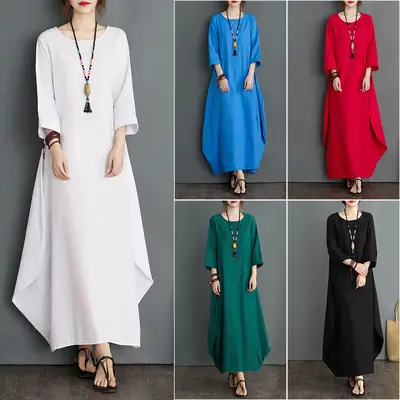Plus Size Cotton Linen Long Dress Green Blue