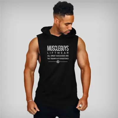 Men's Black Hooded Sleeveless Vest with Muscle Gym Print