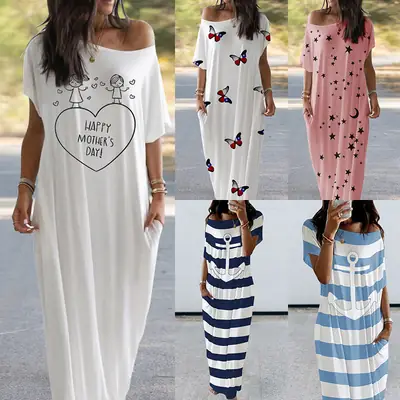 White Star Moon Print Long Dress for Women