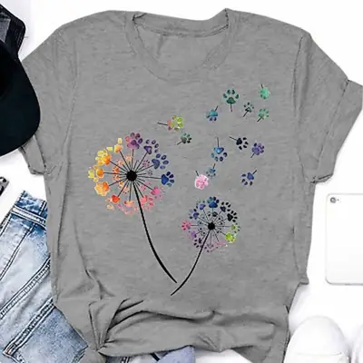 Women Grey Dandelion Print T-Shirt Short Sleeve
