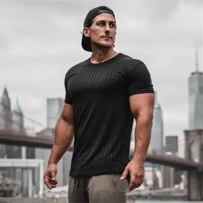 Men's Grey Knit Slim Fit T-Shirt Summer Fitness Wear