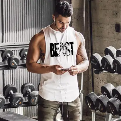 Men Sleeveless Muscle Fighting Vest White Cotton