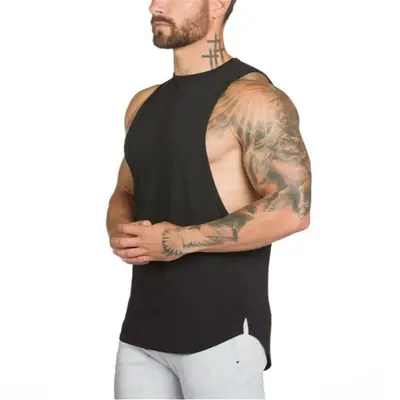 Men's Black Sleeveless Cotton Vest Sports Fitness