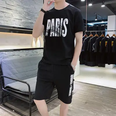 Men Red Paris Print Shorts Set Summer Casual