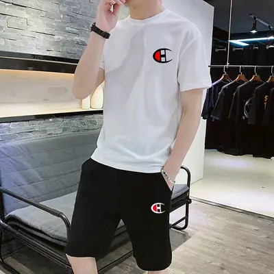 2025 Men White Champion T-Shirt & Shorts Set