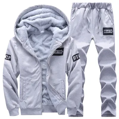 Men's Grey Velvet Hooded Track Suit 2025 Winter