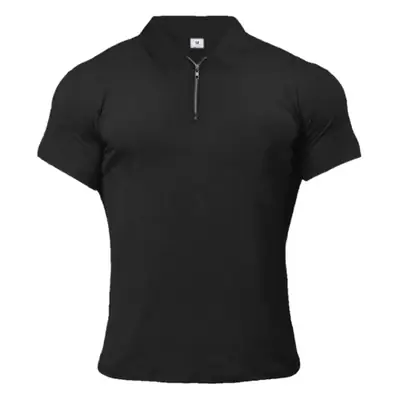 Men's Black Cotton Zipper Polo Shirt Summer