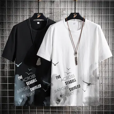 Men Printed Cotton T-Shirt Black White Casual Bottoming