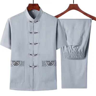Middle-aged Men's Black Hanfu Short Sleeve Top with Elastic Pants