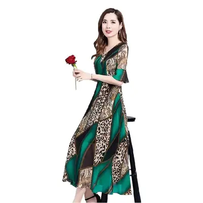 Women's Green Printed Mid-Length Dress Large Size 2023
