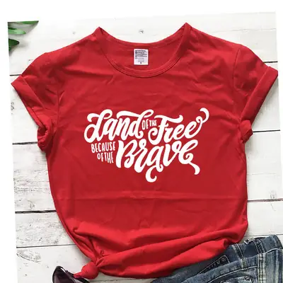 Red T-Shirt "Land That I Love" Cotton Round Neck