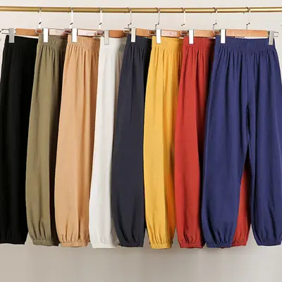 Women Cotton Linen Draping Pants Blue Ankle Length