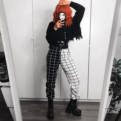 Women Black High Waist Casual Pants with Grid Design