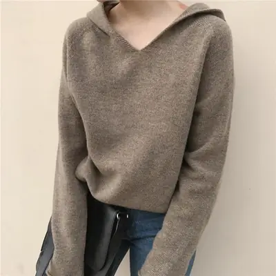 White Knitted Hooded Sweatshirt Women's Winter Top
